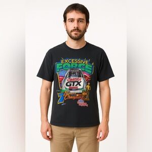 Vintage John Force Shirt Mens Large Black Double Sided Short Sleeve NASCAR GTX